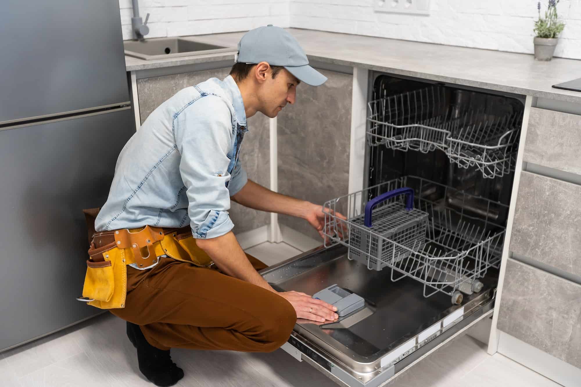 Process of dishwashing machine installation. Young service man setting up dishwasher in new stylish